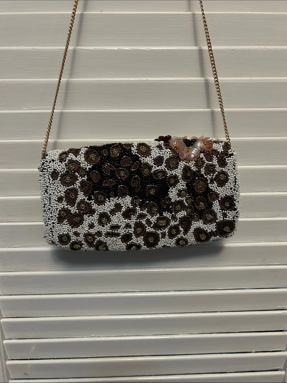 Beaded Floral Accent Leopard-Print Crossbody Clutch - White & Brown